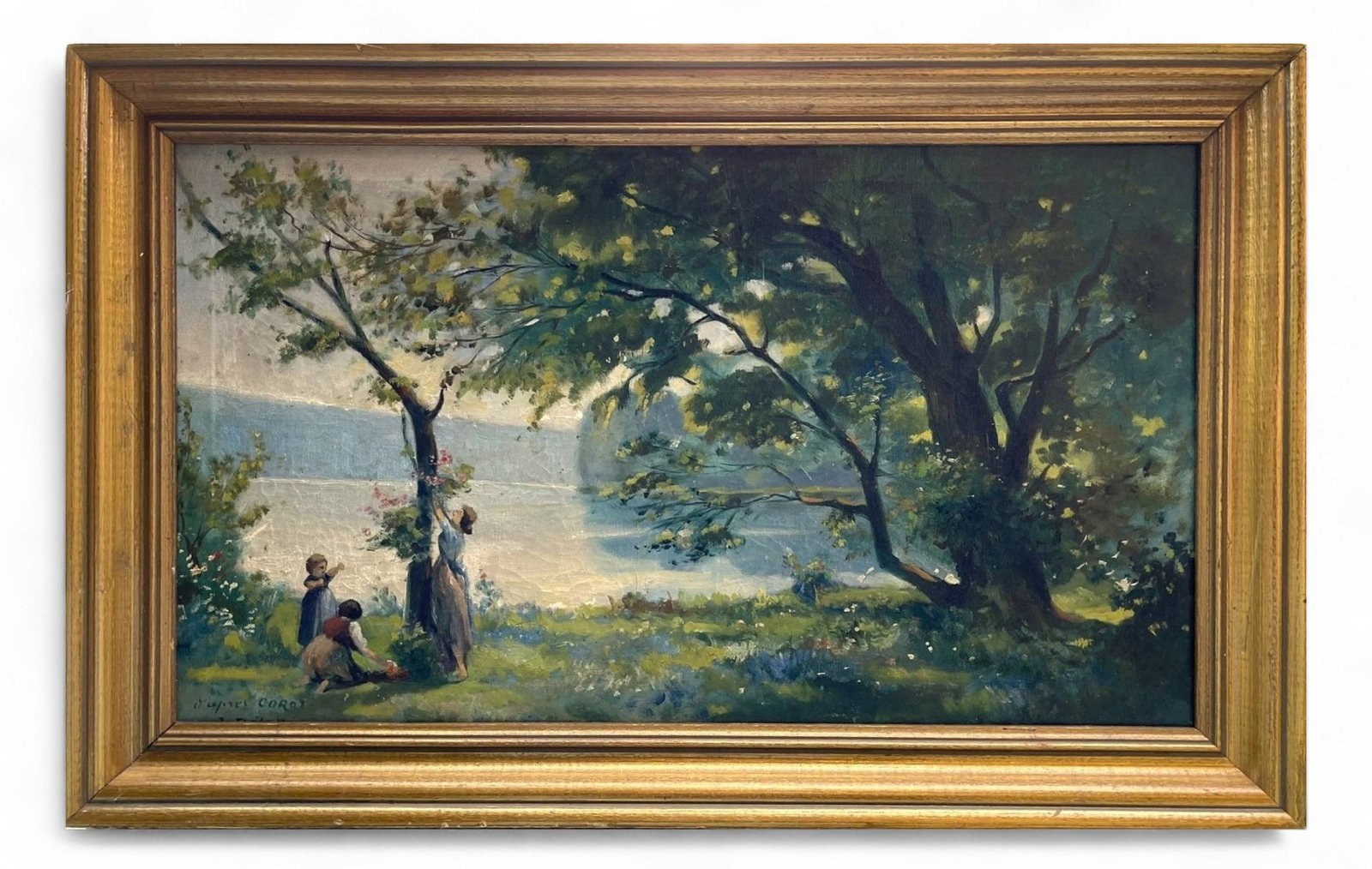 Children with their Mother at the Lake, Vintage Painting after the work of Camille Corot (1796-1875)